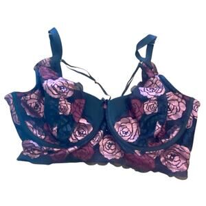 Cacique French Balconette Bra 44F Pink Roses Black Lace Adjustable Straps Padded